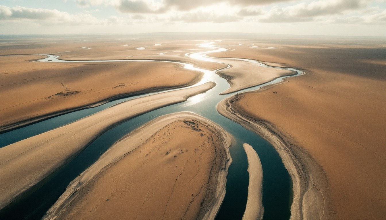 Aerial view of a braided river crossing a desert